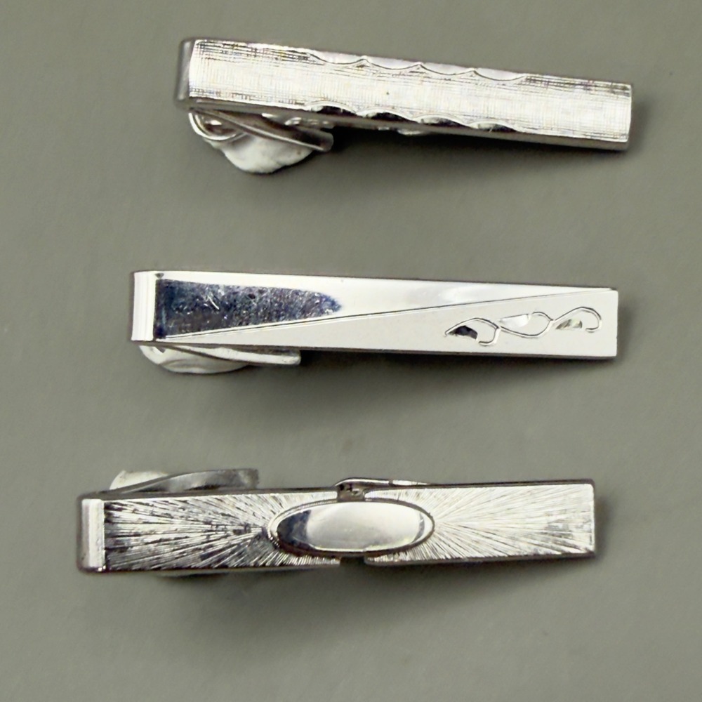 Foster Silver Tie Clip Set 3pc Mens USA Made Textured Geometric Silver